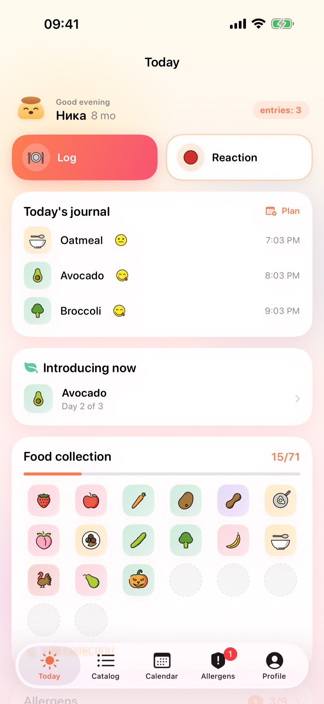 Pudding home screen: today's diary and food collection
