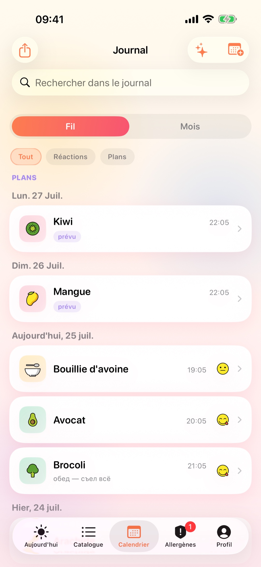 Fil calendrier avec filtres et repas prévus