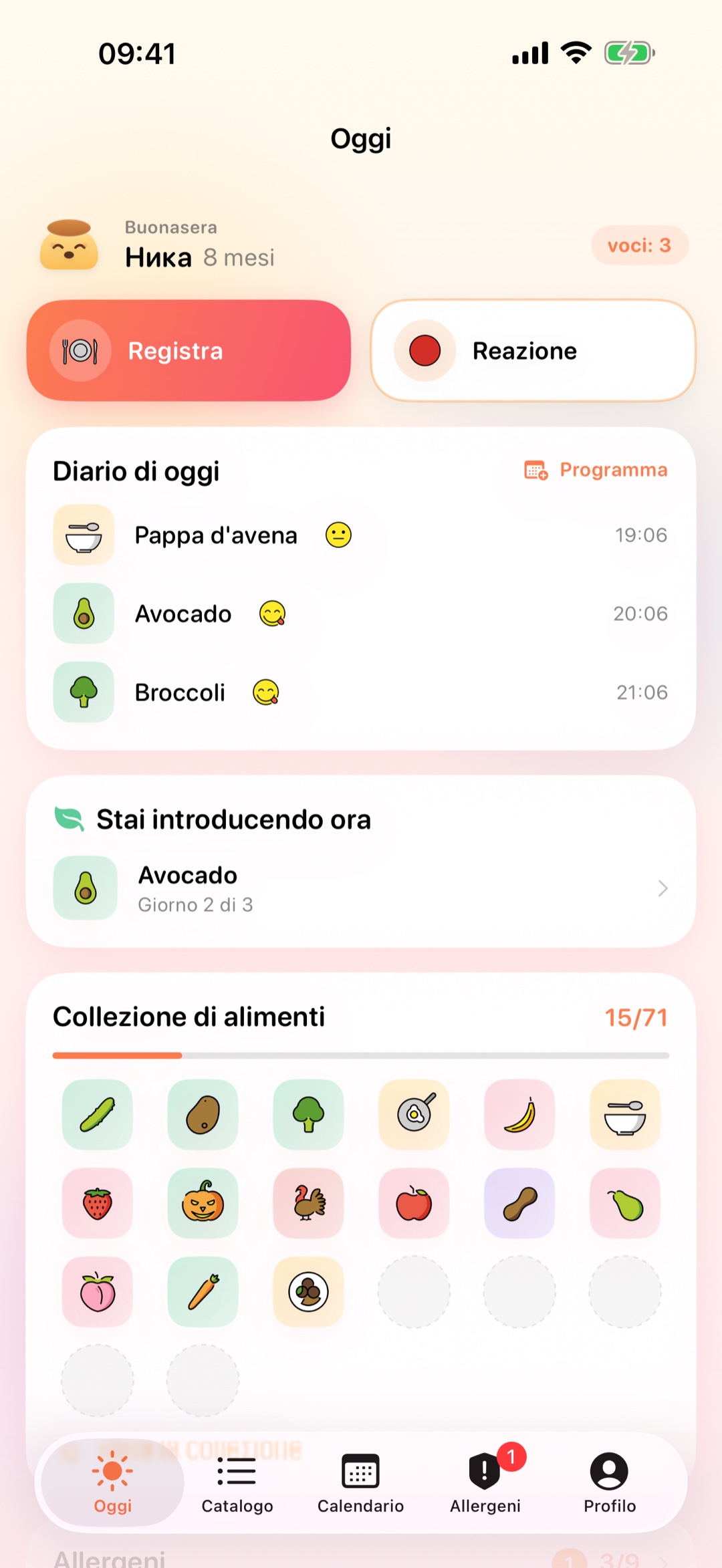 Schermata principale di Pudding: diario di oggi e collezione di alimenti