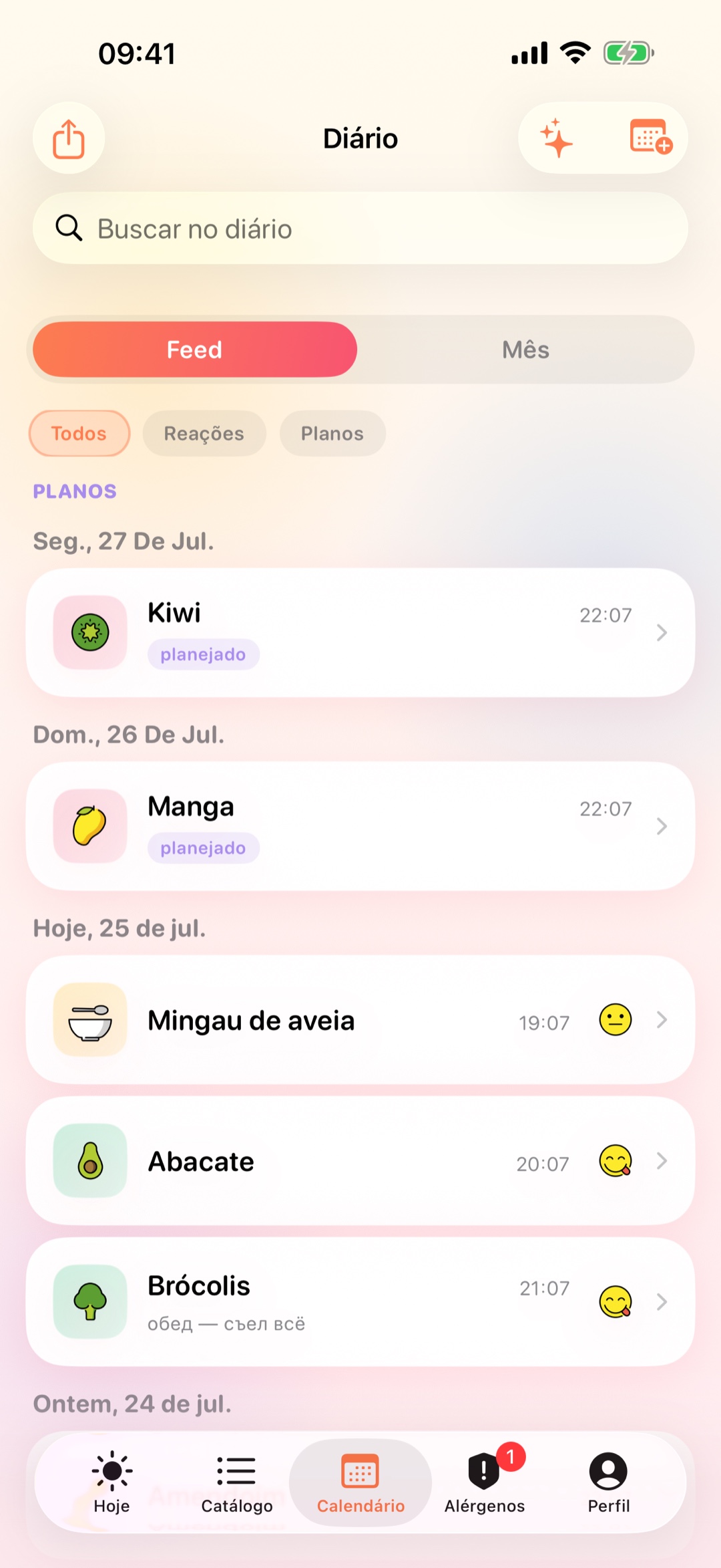 Histórico em calendário com filtros e refeições planejadas